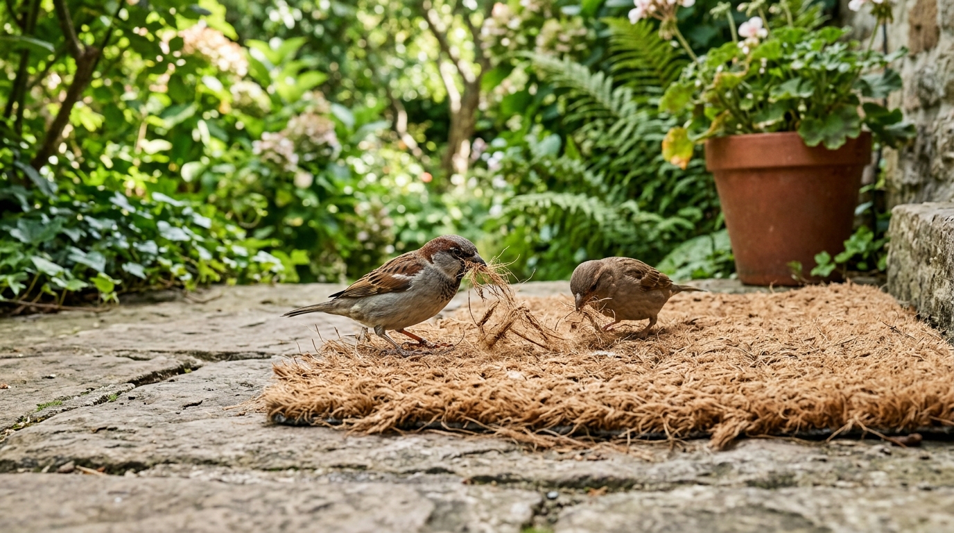Ce simple paillasson en fibres naturelles où les moineaux piquent leur nid