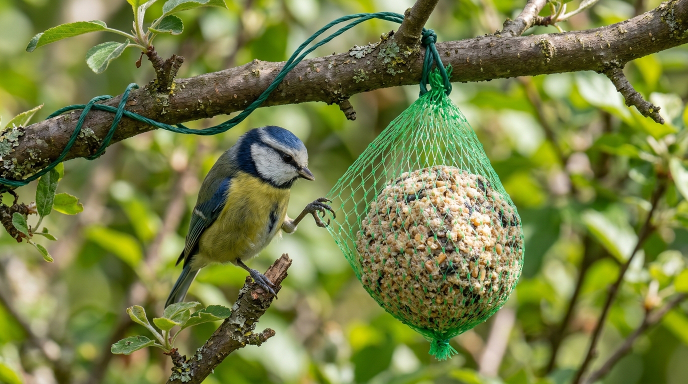 Le piège des boules de graisse laissées dans leur filet en plastique vert