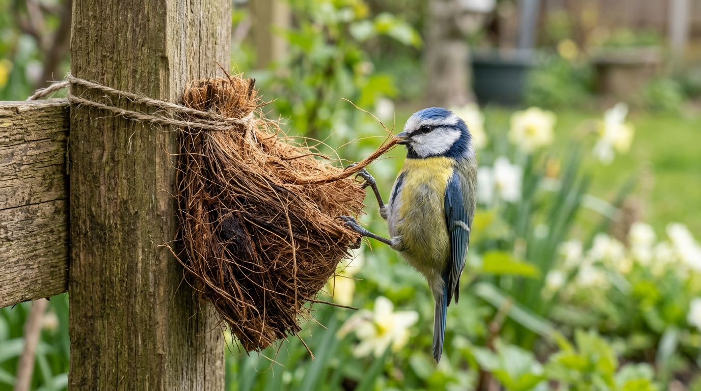 Mettre des poils de brosse en noix de coco aide les oiseaux à bâtir le nid