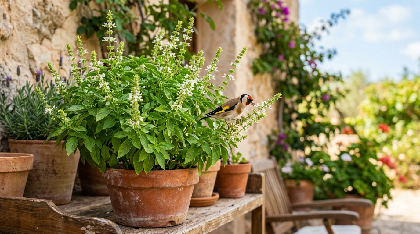 Ce pot de basilic monté en fleurs qui attire les oiseaux chanteurs