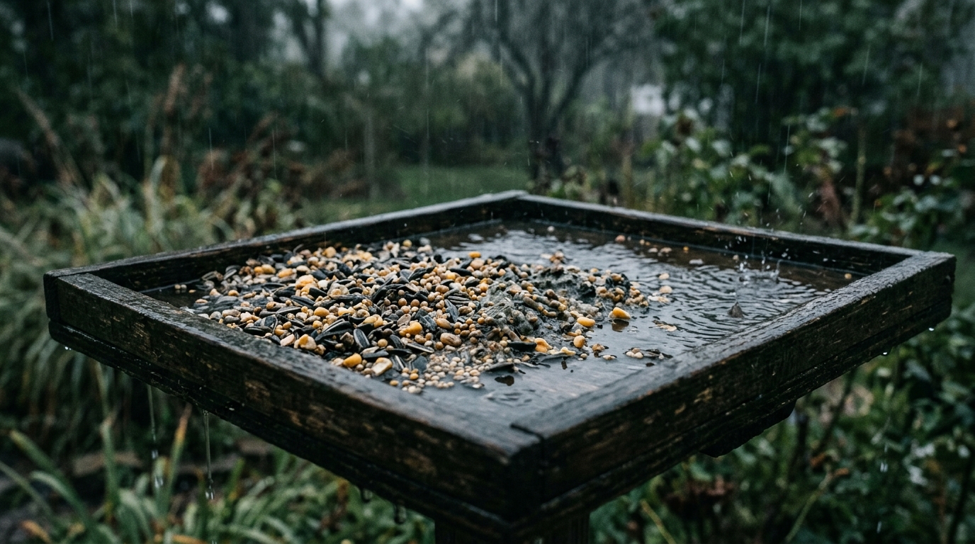 Lerreur de la mangeoire ouverte sous la pluie qui gâte les graines