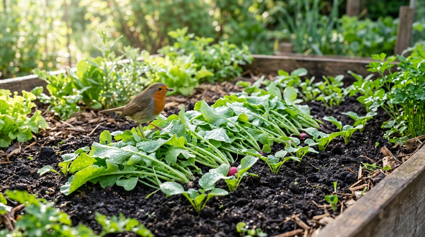 Déposer ces fanes de radis au potager attire les oiseaux insectivores