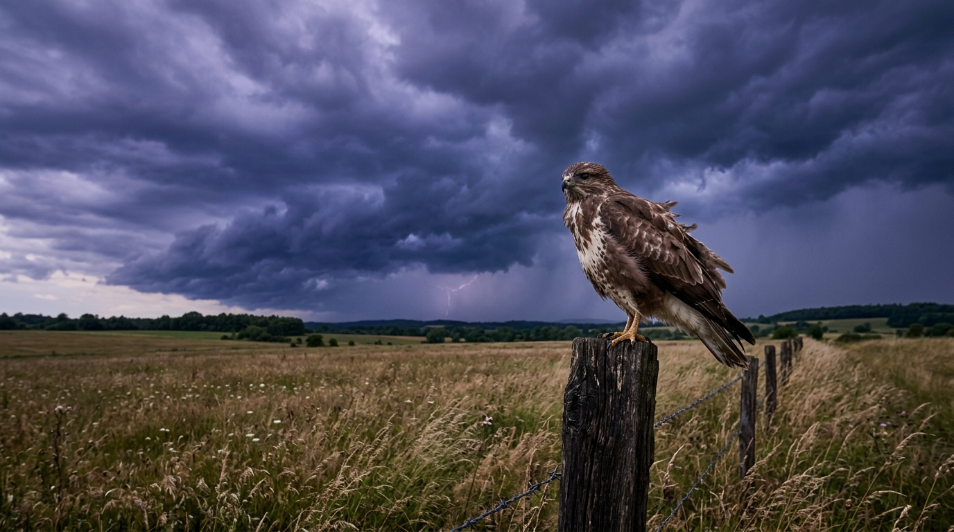 Ce comportement de la buse sur son piquet qui annonce un gros orage