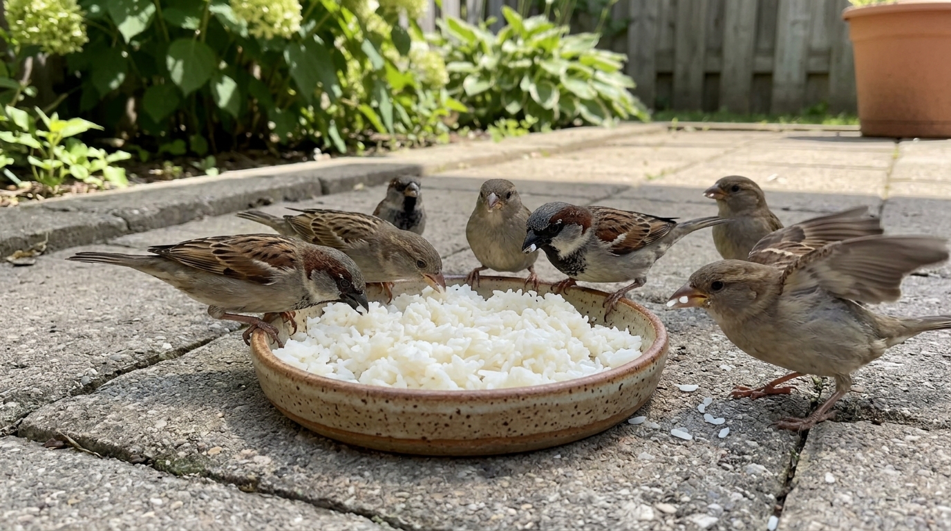 Ce reste de riz cuit sans sel que les moineaux adorent picorer en juin