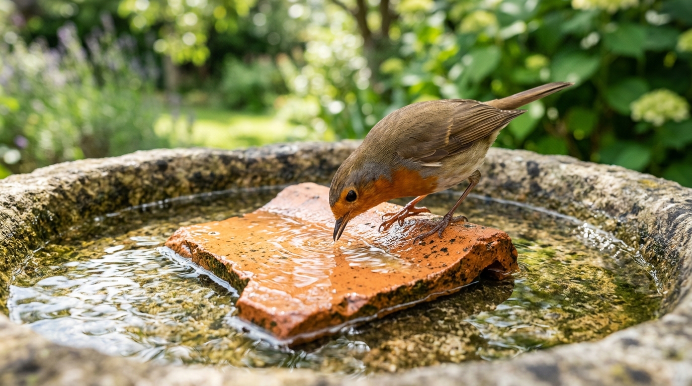 Ce morceau de tuile cassée dans labreuvoir empêche les oiseaux de glisser