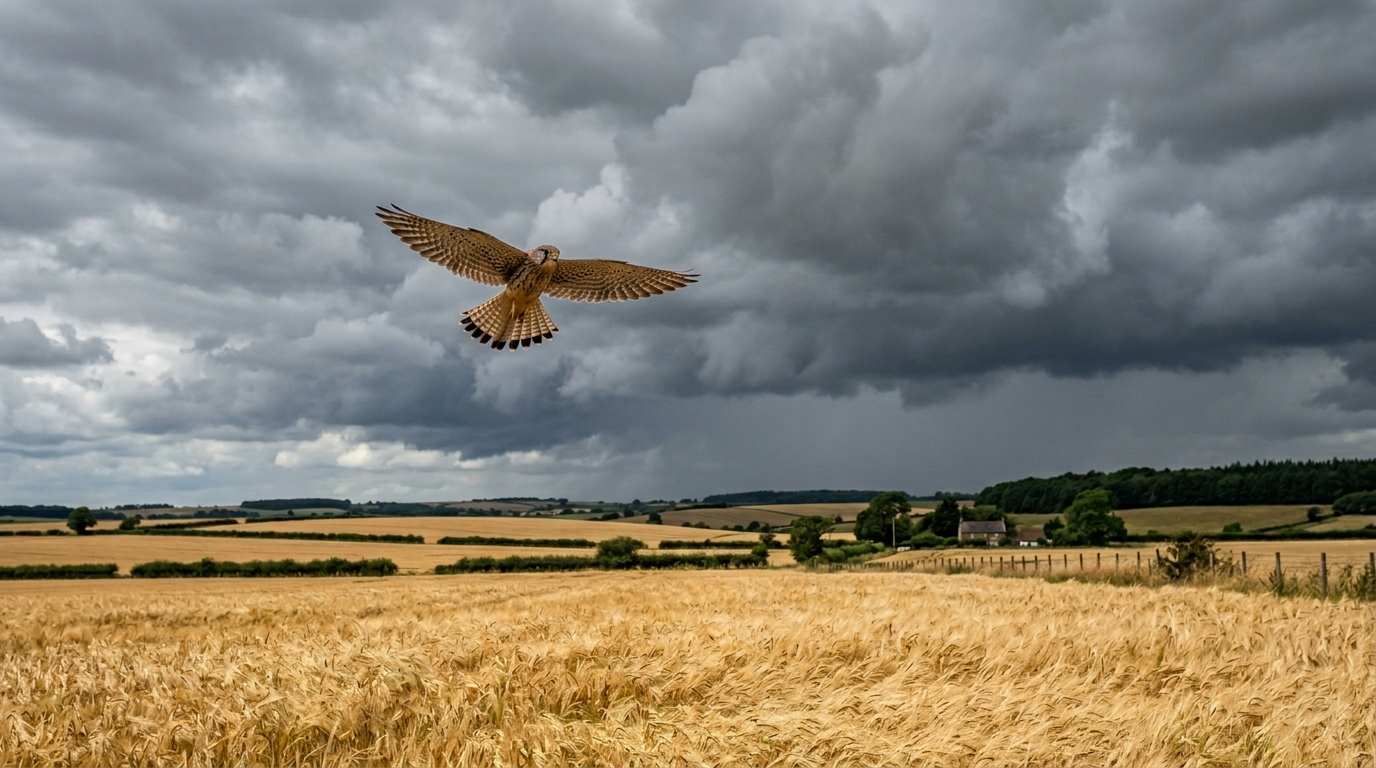 Ce vol stationnaire des faucons au-dessus du champ annonce la pluie