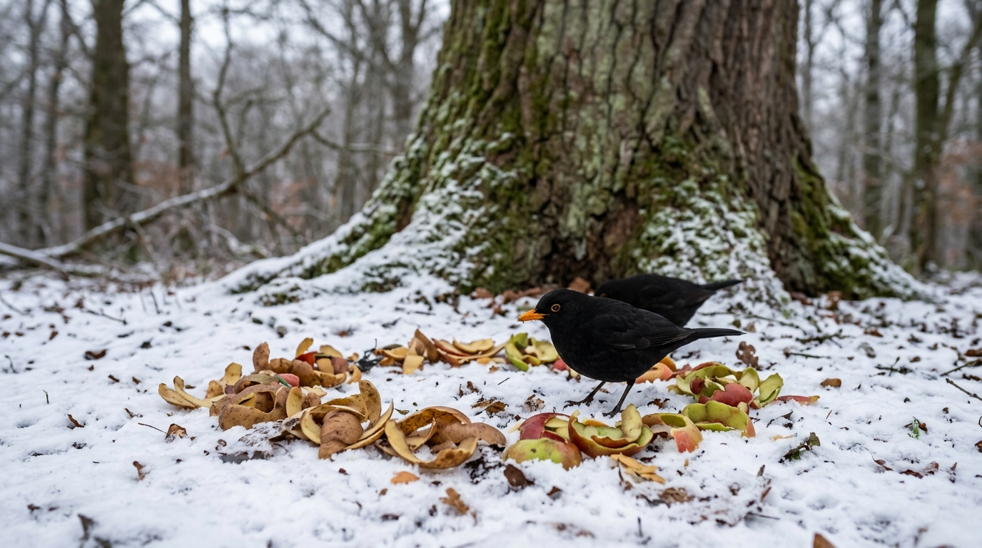 Déposer ces épluchures au pied des arbres sauve les merles de la faim