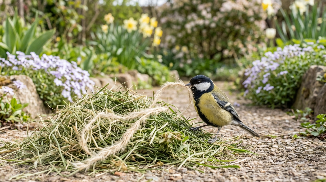 Ce déchet de tonte de pelouse que les mésanges sarrachent au printemps