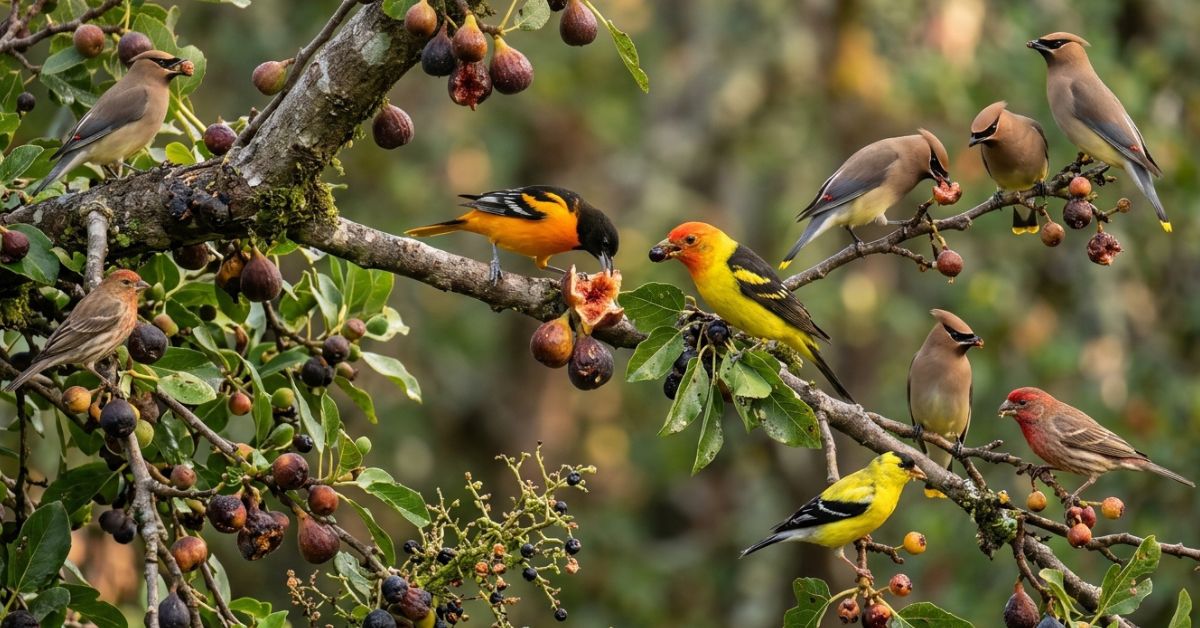 Ce fruit trop mûr resté sur l'arbre fait le bonheur de ces 3 oiseaux